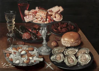 Amandes, huîtres, douceurs, châtaignes et vin sur une table en bois, vers 1605-30